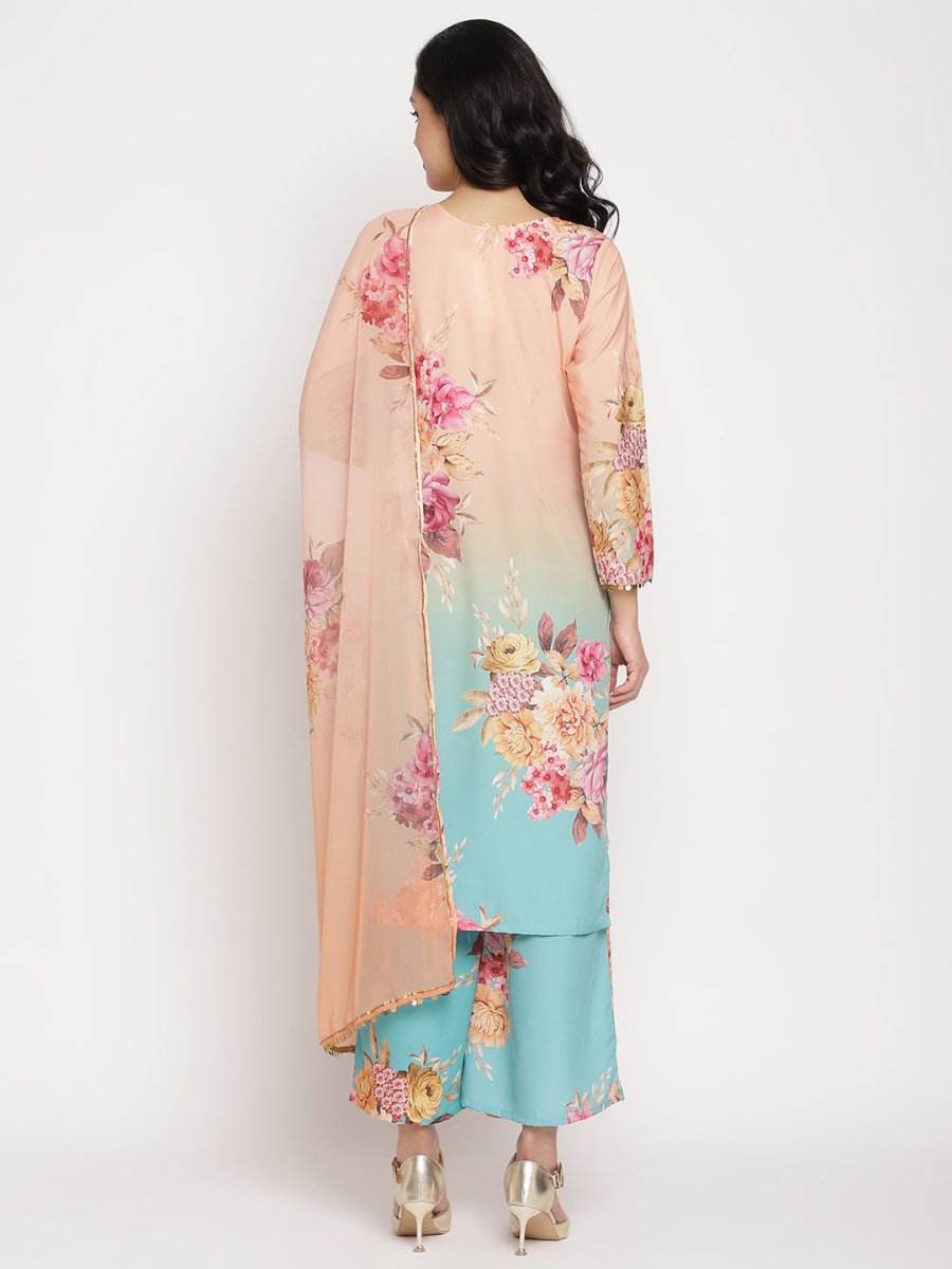 Ahalyaa Women Peach-Coloured Floral Printed Regular Sequinned Kurta With Palazzos & Dupatta | Swadesiicart