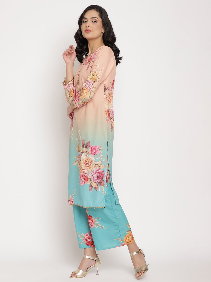 Ahalyaa Women Peach-Coloured Floral Printed Regular Sequinned Kurta With Palazzos & Dupatta | Swadesiicart