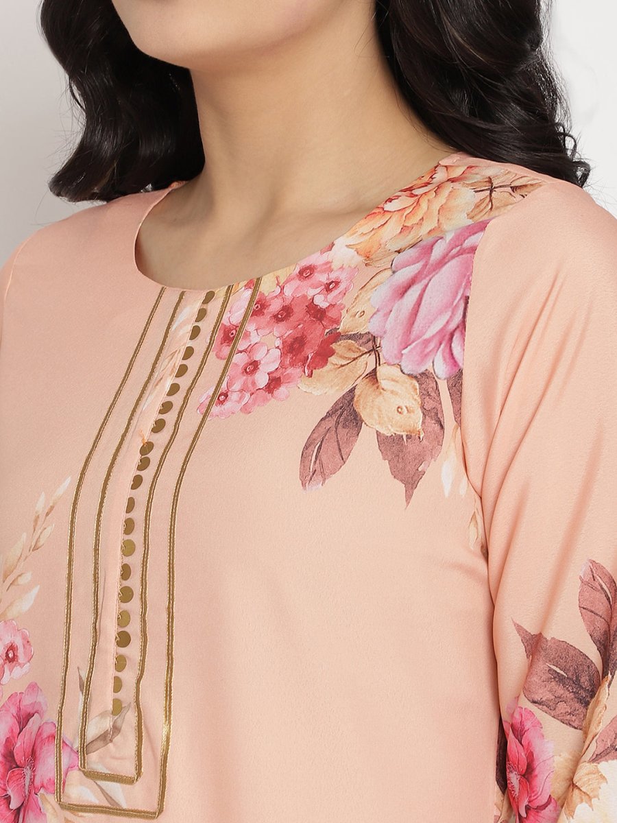 Ahalyaa Women Peach-Coloured Floral Printed Regular Sequinned Kurta With Palazzos & Dupatta | Swadesiicart