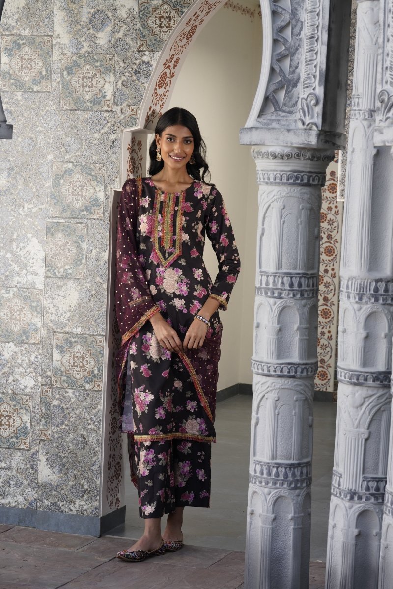 Ahalyaa Women Black Floral Printed Gotta Patti Kurta with Palazzos & With Dupatta | Swadesiicart