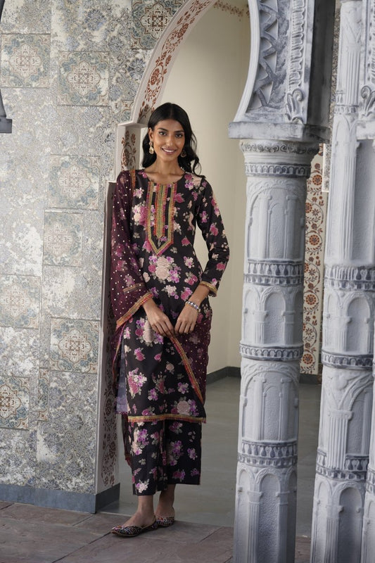 Ahalyaa Women Black Floral Printed Gotta Patti Kurta with Palazzos & With Dupatta | Swadesiicart