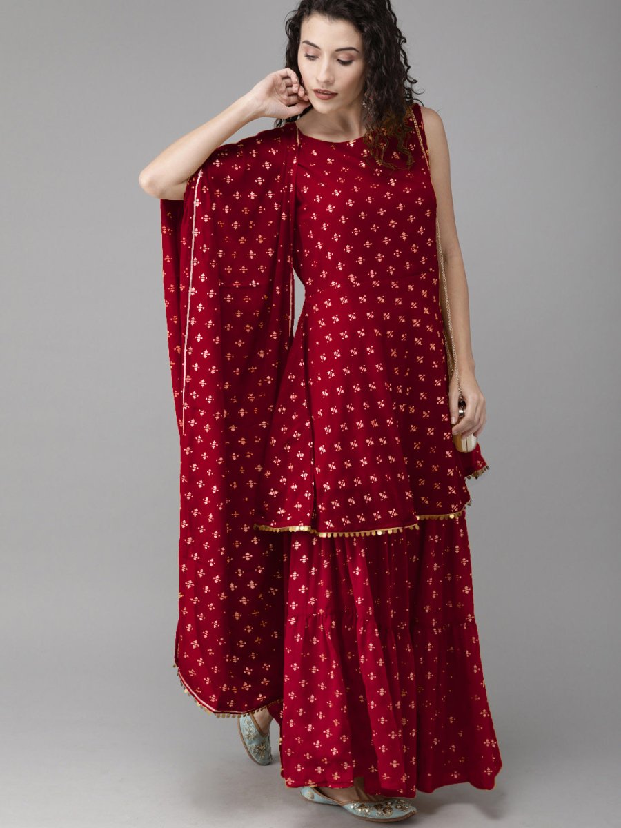 Ahalyaa Women Maroon & Gold-Toned Printed Kurti With Sharara & Dupatta | Swadesiicart