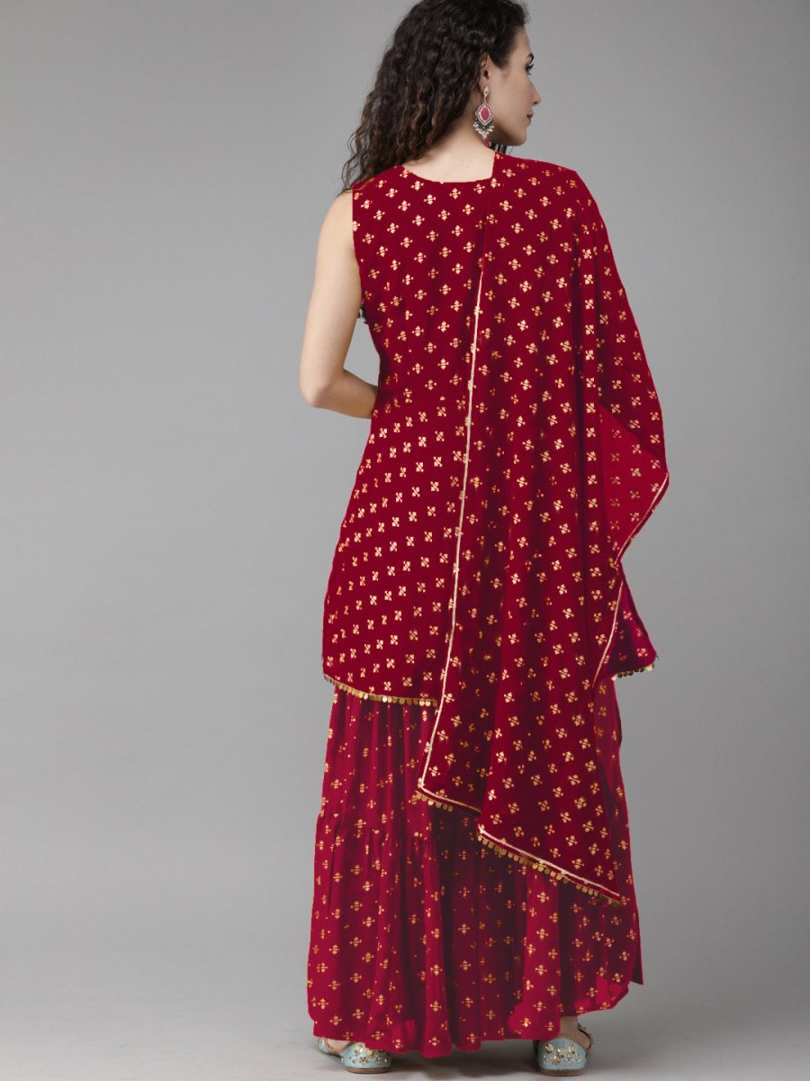 Ahalyaa Women Maroon & Gold-Toned Printed Kurti With Sharara & Dupatta | Swadesiicart