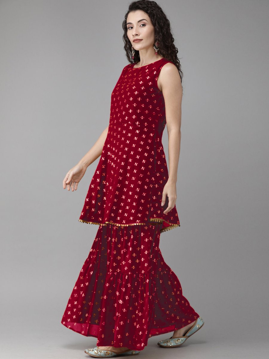Ahalyaa Women Maroon & Gold-Toned Printed Kurti With Sharara & Dupatta | Swadesiicart