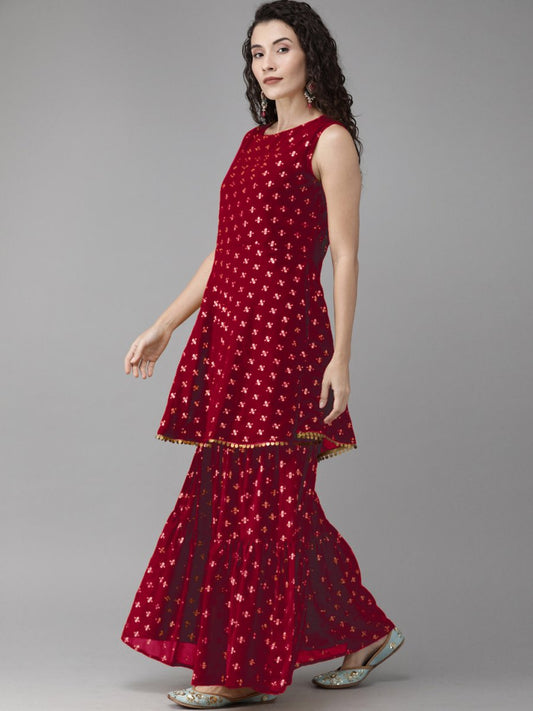 Ahalyaa Women Maroon & Gold-Toned Printed Kurti With Sharara & Dupatta | Swadesiicart