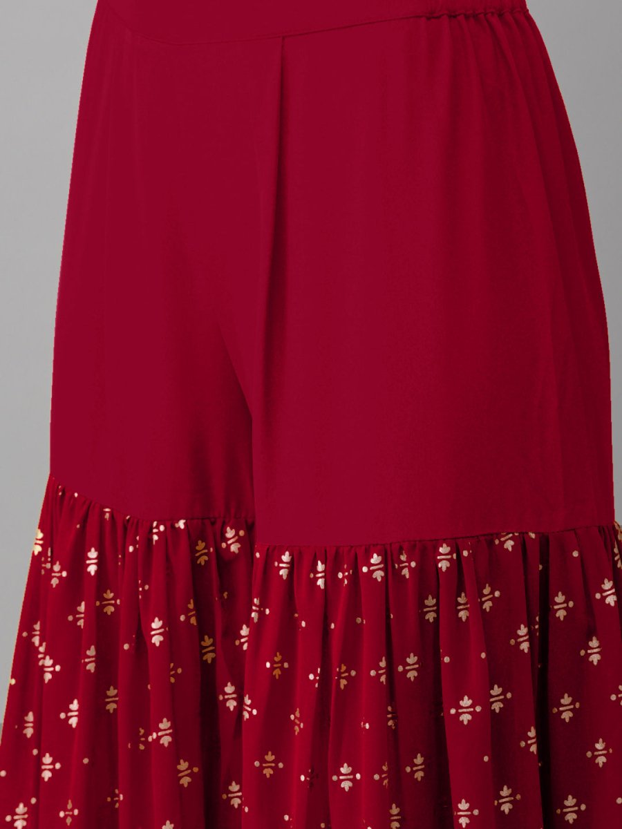 Ahalyaa Women Maroon & Gold-Toned Printed Kurti With Sharara & Dupatta | Swadesiicart