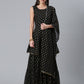 Ahalyaa Women Black Ethnic Motifs Printed Empire Kurta With Sharara & Dupatta | Swadesiicart