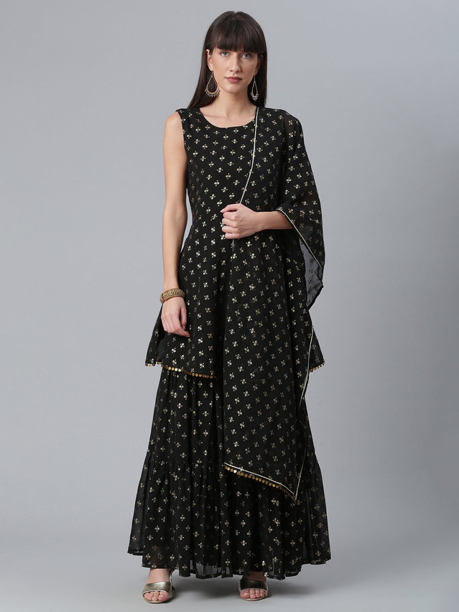 Ahalyaa Women Black Ethnic Motifs Printed Empire Kurta With Sharara & Dupatta | Swadesiicart