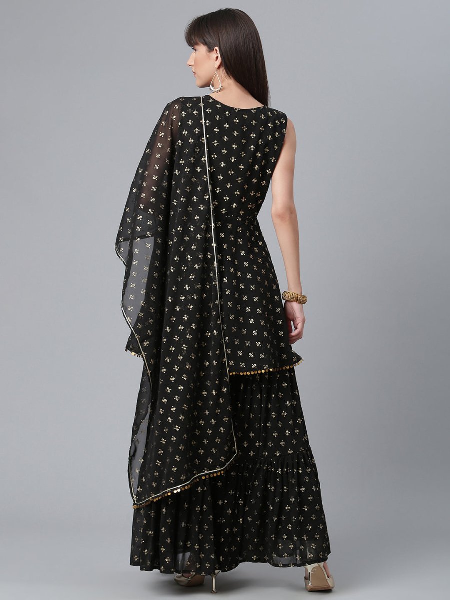Ahalyaa Women Black Ethnic Motifs Printed Empire Kurta With Sharara & Dupatta | Swadesiicart