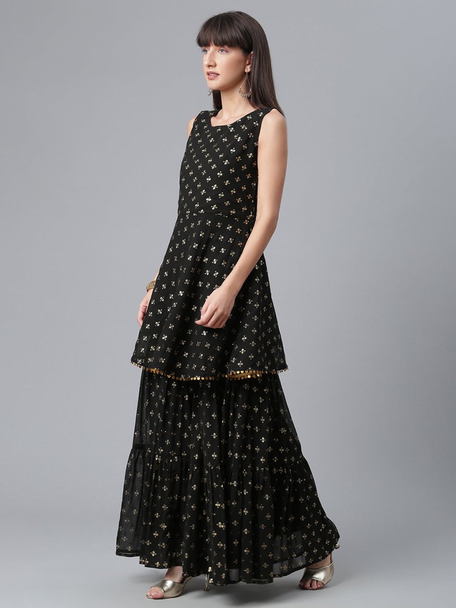 Ahalyaa Women Black Ethnic Motifs Printed Empire Kurta With Sharara & Dupatta | Swadesiicart