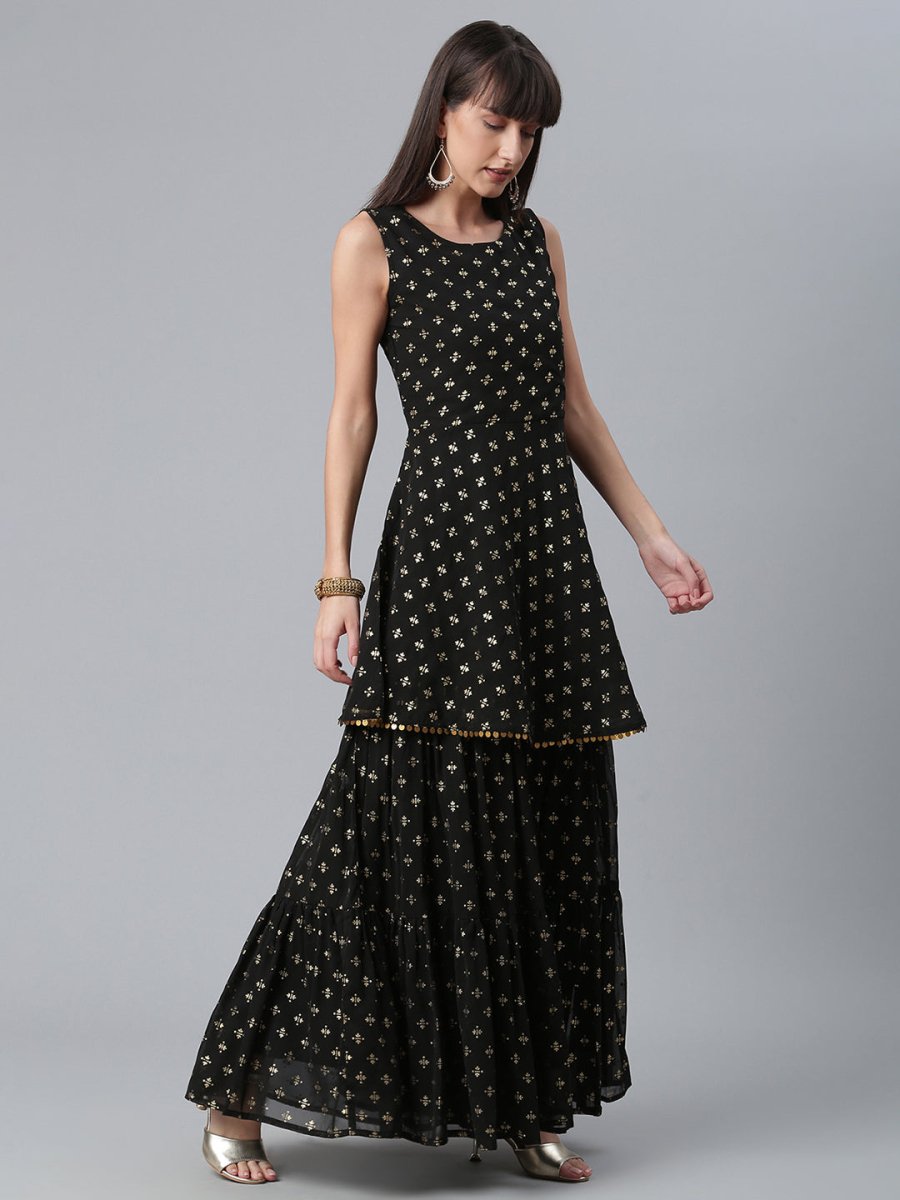 Ahalyaa Women Black Ethnic Motifs Printed Empire Kurta With Sharara & Dupatta | Swadesiicart