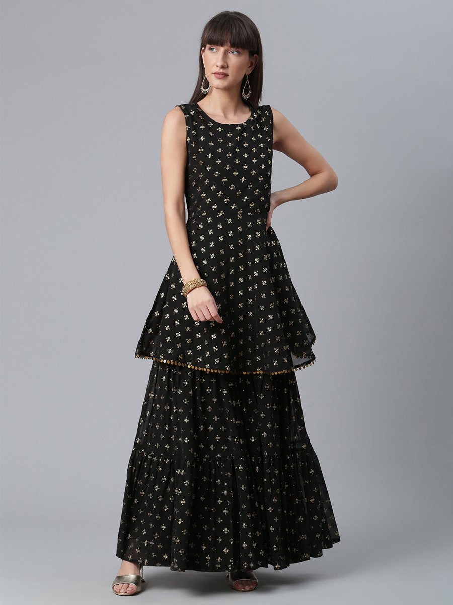 Ahalyaa Women Black Ethnic Motifs Printed Empire Kurta With Sharara & Dupatta | Swadesiicart