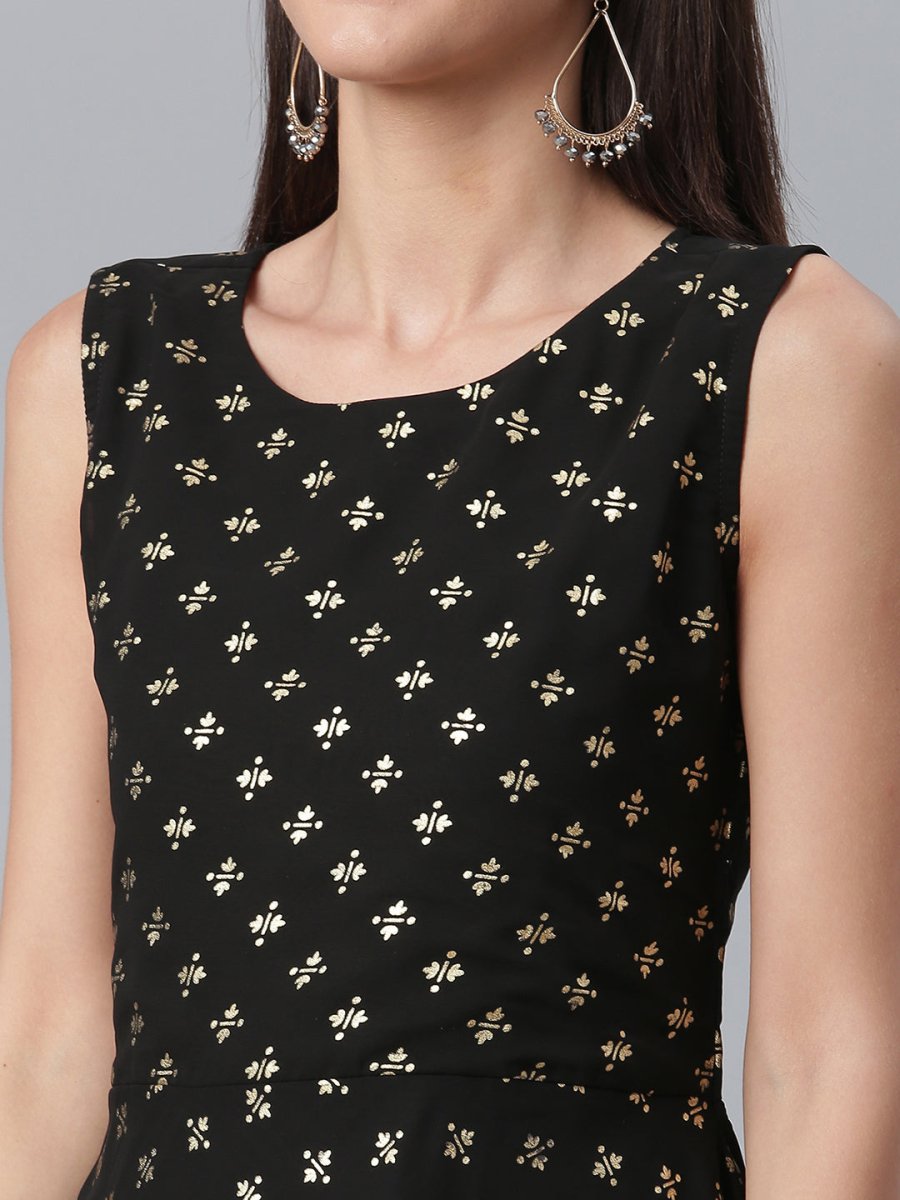 Ahalyaa Women Black Ethnic Motifs Printed Empire Kurta With Sharara & Dupatta | Swadesiicart