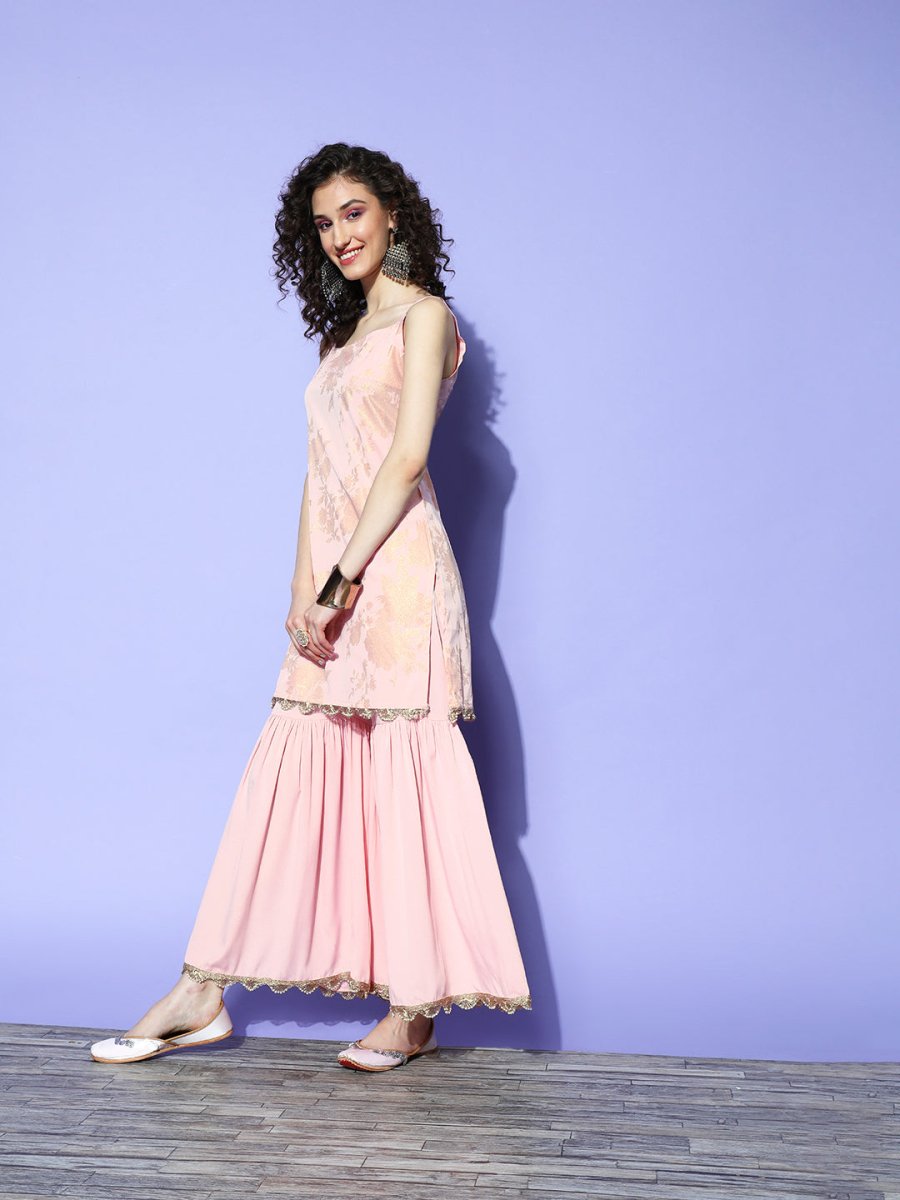 Ahalyaa Pink Floral Printed Regular Kurti With Sharara & With Dupatta | Swadesiicart