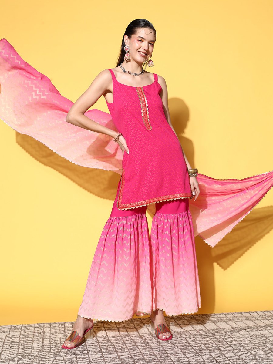 Ahalyaa Women Pink Ombre Printed Gotta Patti Kurti with Sharara & With Dupatta | Swadesiicart