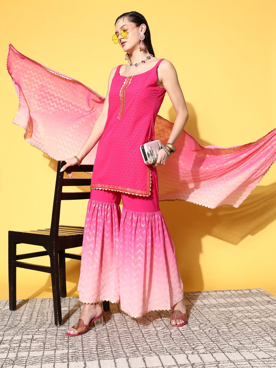 Ahalyaa Women Pink Ombre Printed Gotta Patti Kurti with Sharara & With Dupatta | Swadesiicart