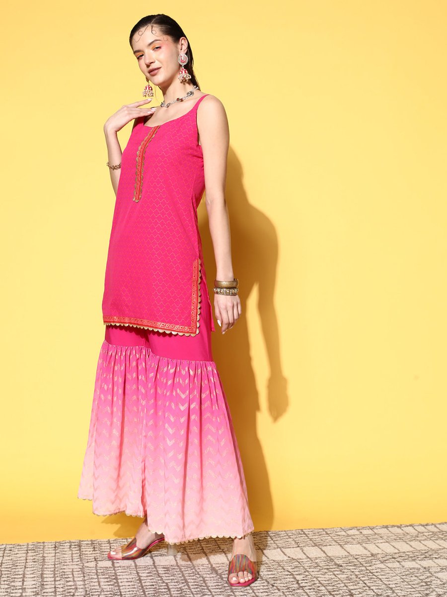 Ahalyaa Women Pink Ombre Printed Gotta Patti Kurti with Sharara & With Dupatta | Swadesiicart