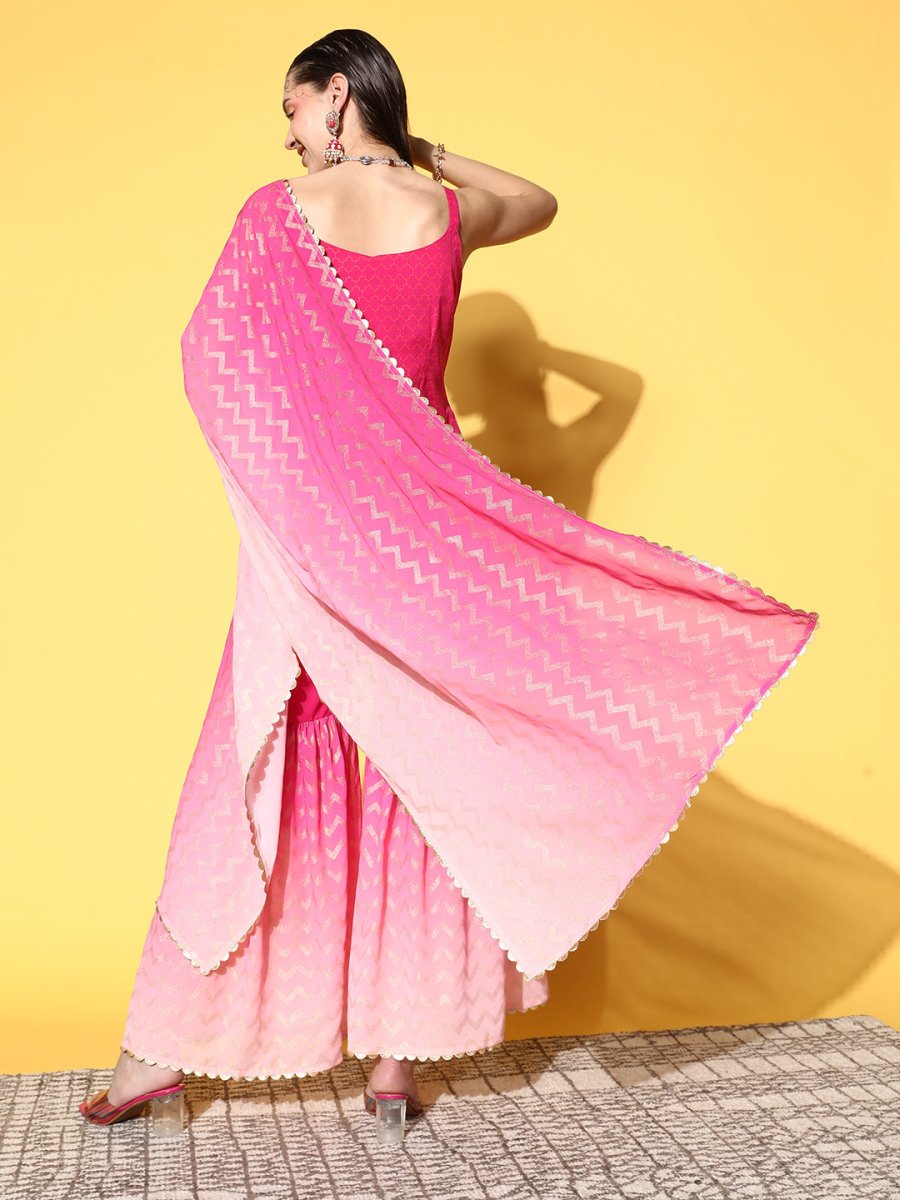 Ahalyaa Women Pink Ombre Printed Gotta Patti Kurti with Sharara & With Dupatta | Swadesiicart
