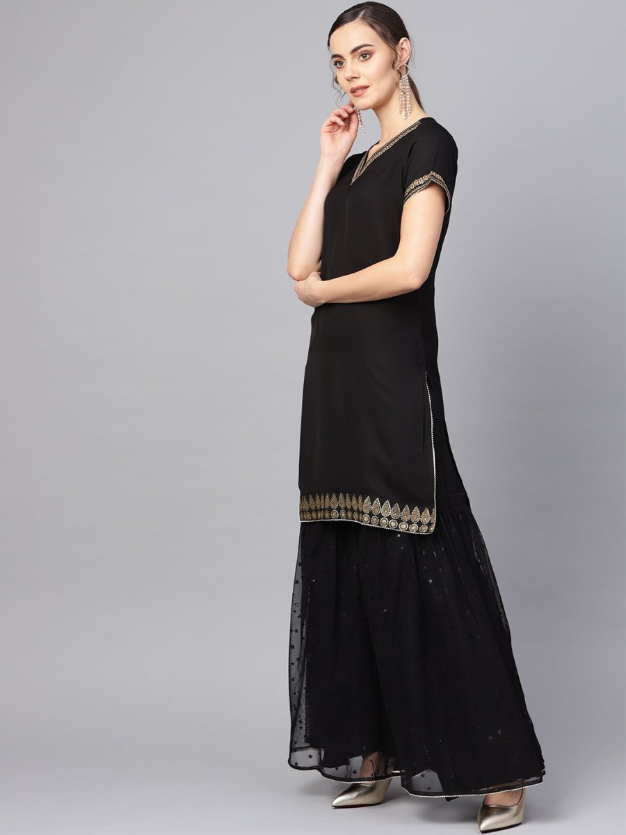 Ahalyaa Solid Black Kurta with Sharara Set | Swadesiicart