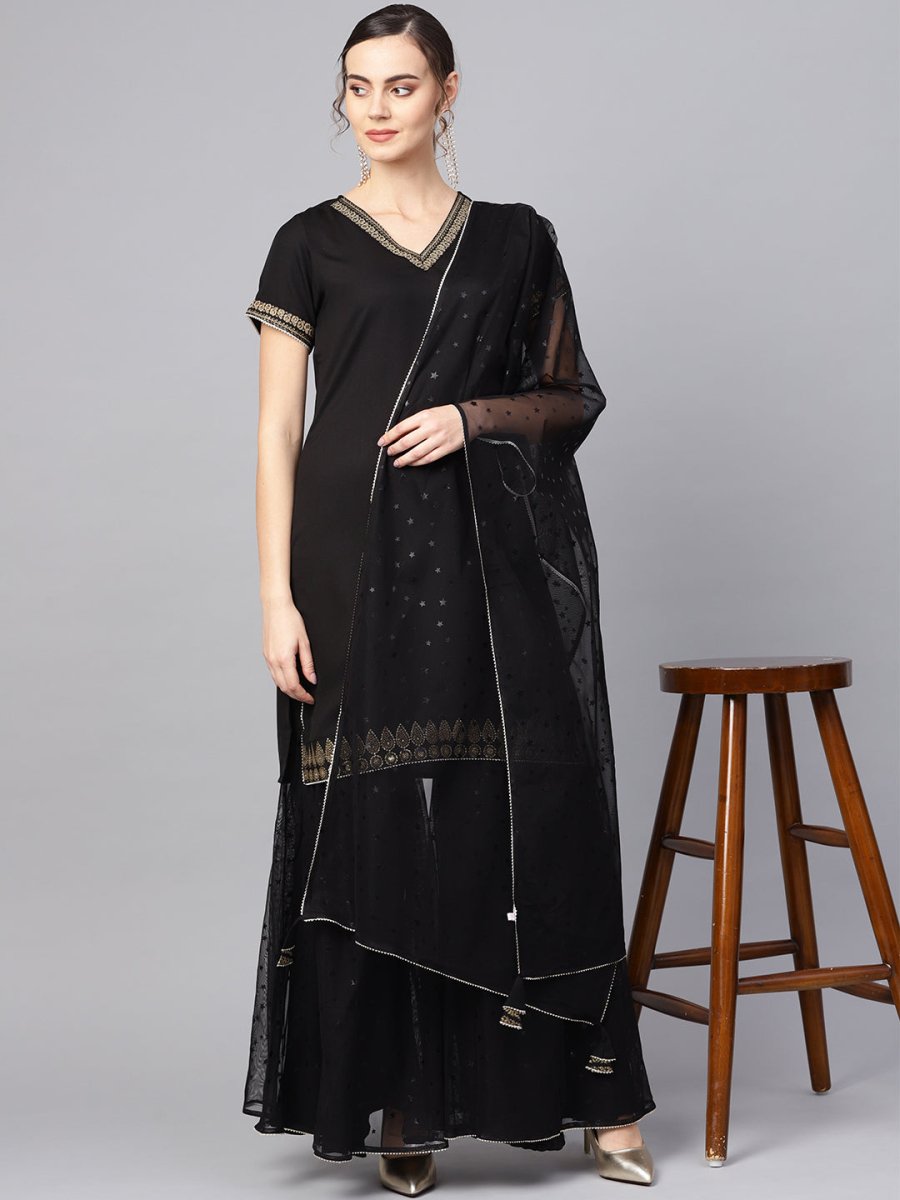Ahalyaa Solid Black Kurta with Sharara Set | Swadesiicart