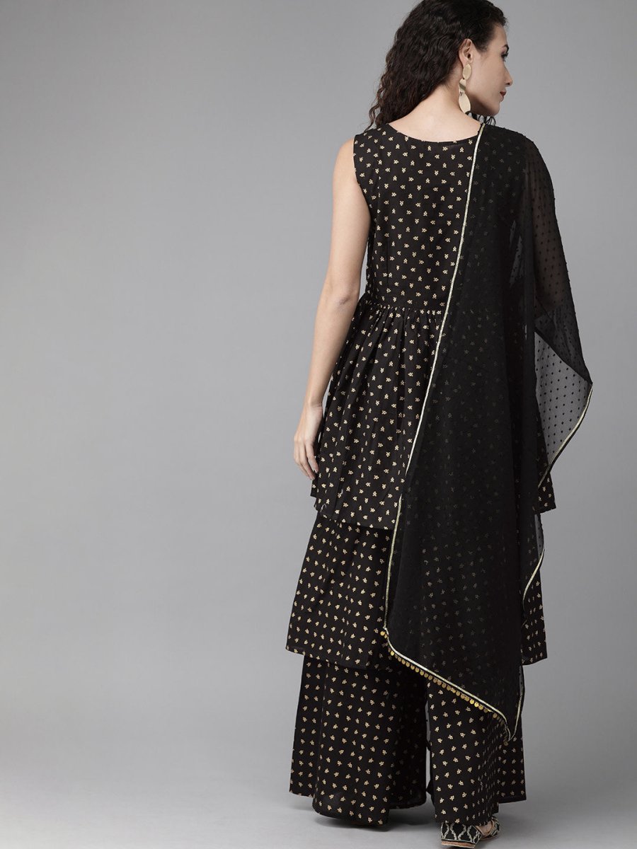 Ahalyaa Women Black & Golden Printed Tiered Kurta With Sharara & Dupatta | Swadesiicart