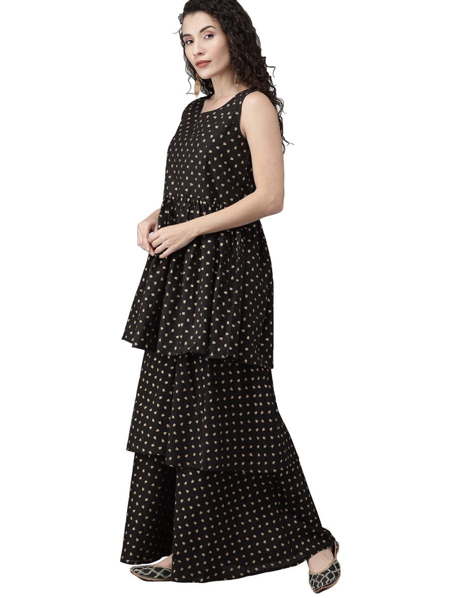 Ahalyaa Women Black & Golden Printed Tiered Kurta With Sharara & Dupatta | Swadesiicart