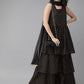 Ahalyaa Women Black & Golden Printed Tiered Kurta With Sharara & Dupatta | Swadesiicart