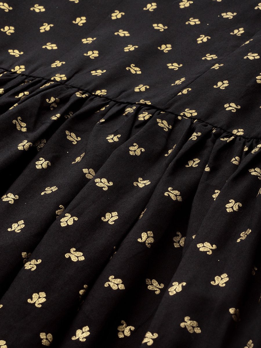 Ahalyaa Women Black & Golden Printed Tiered Kurta With Sharara & Dupatta | Swadesiicart