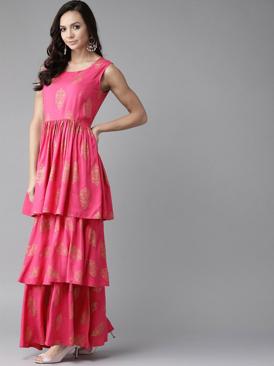 Ahalyaa Pink & Golden Foil Print Kurti with Sharara & Dupatta | Swadesiicart