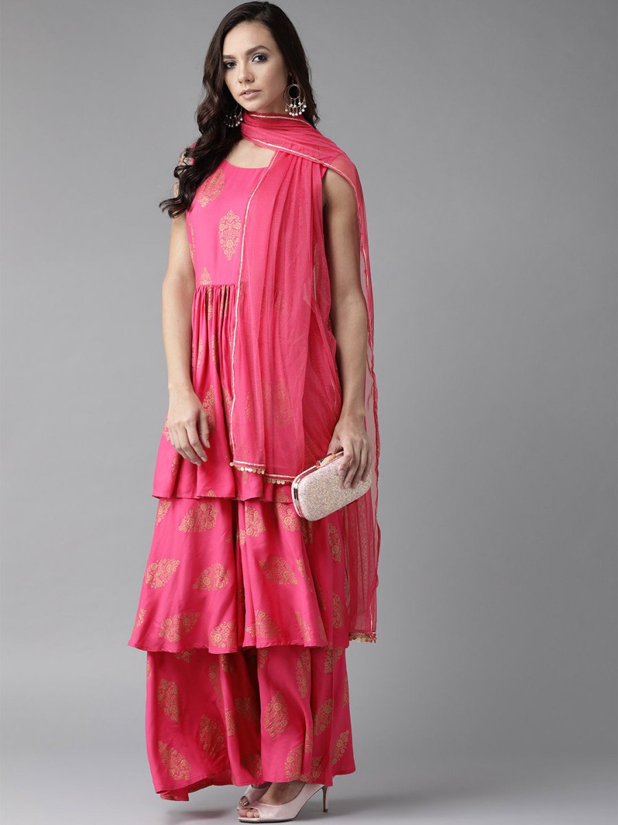 Ahalyaa Pink & Golden Foil Print Kurti with Sharara & Dupatta | Swadesiicart