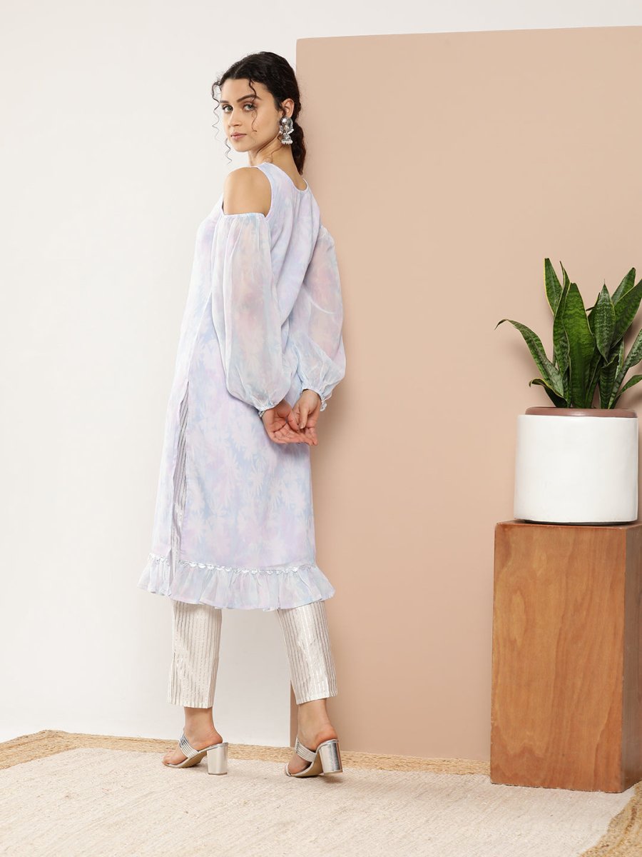 Ahalyaa Women Blue & White Floral Printed Cold-Shoulder Sleeves Gotta Patti Georgette Kurta | Swadesiicart