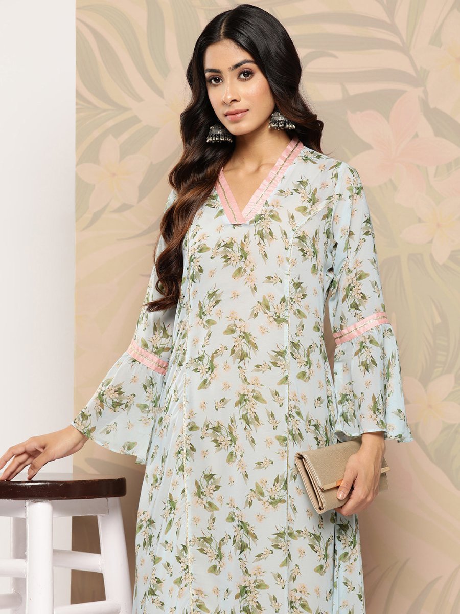 Ahalyaa Floral Printed Bell Sleeves Gotta Patti Georgette Kurta | Swadesiicart