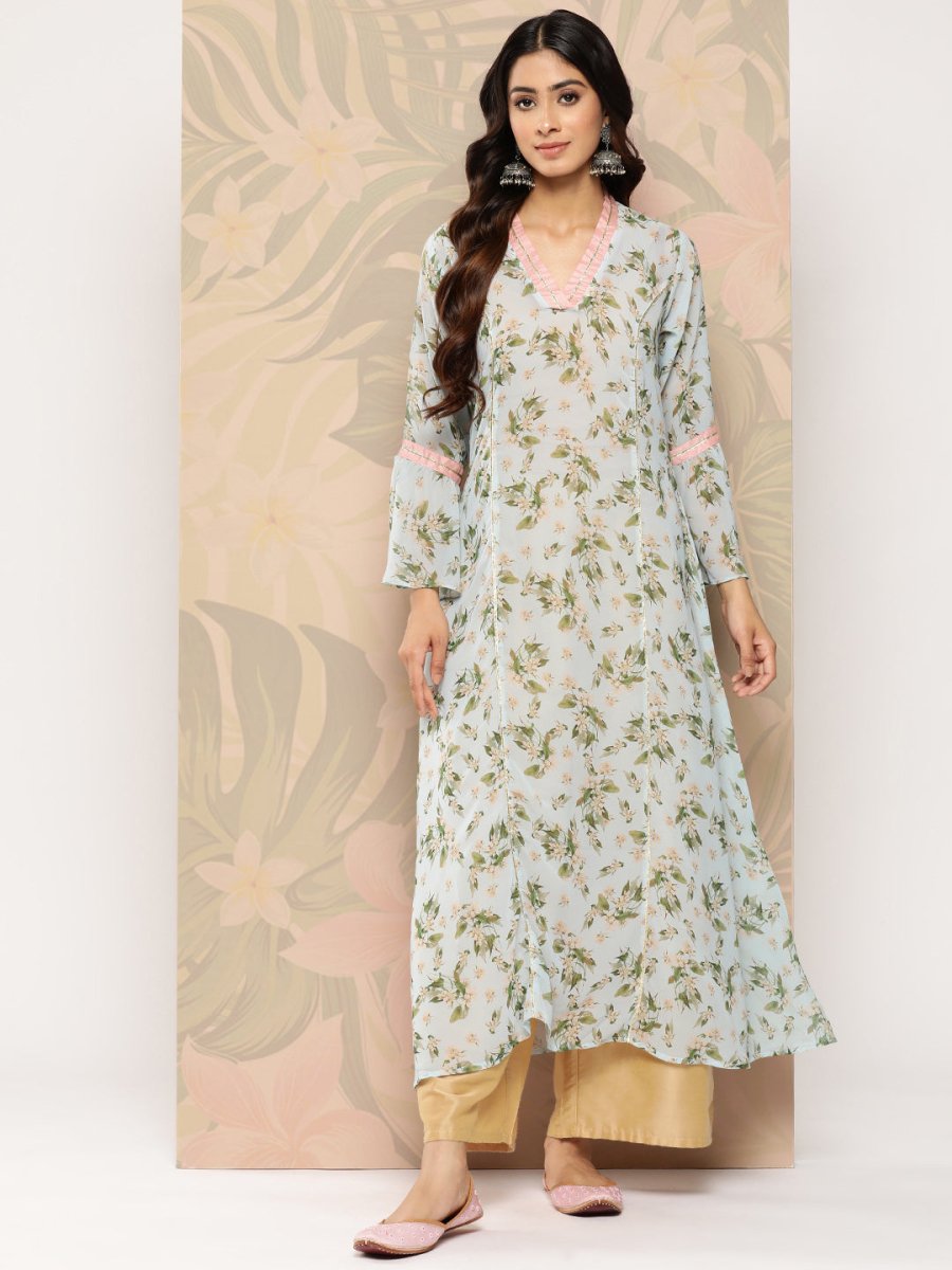 Ahalyaa Floral Printed Bell Sleeves Gotta Patti Georgette Kurta | Swadesiicart