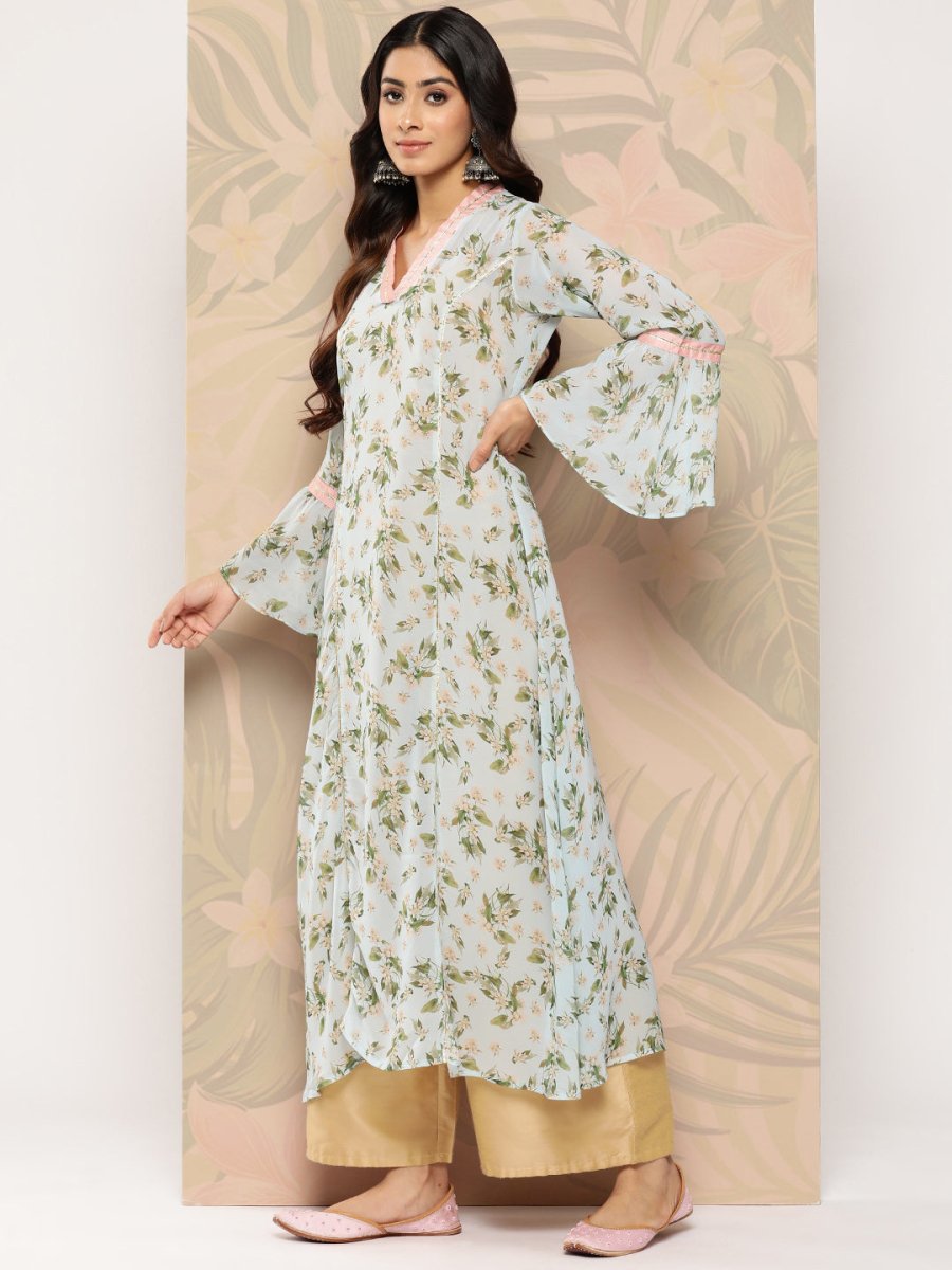 Ahalyaa Floral Printed Bell Sleeves Gotta Patti Georgette Kurta | Swadesiicart