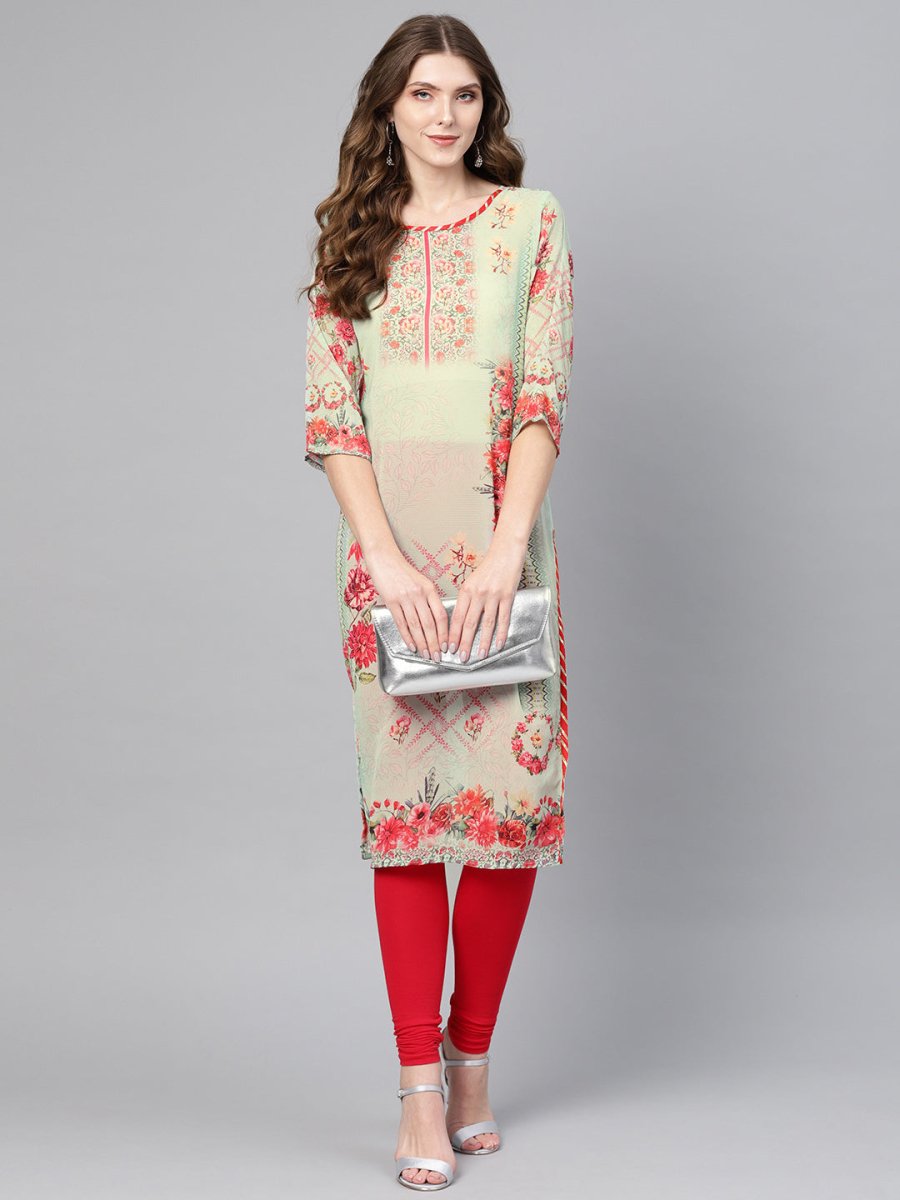Ahalyaa Green & Coral Pink Floral Print Straight Kurta | Swadesiicart