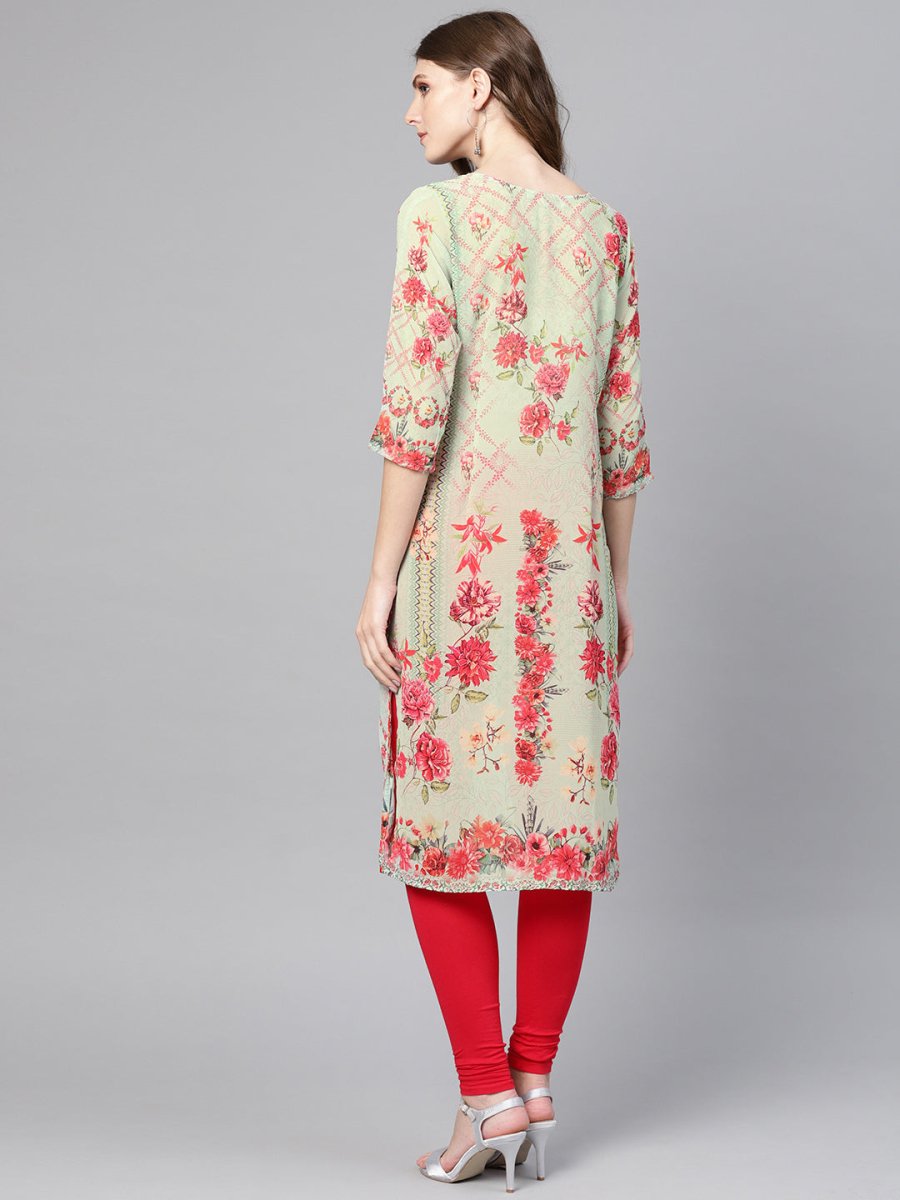 Ahalyaa Green & Coral Pink Floral Print Straight Kurta | Swadesiicart