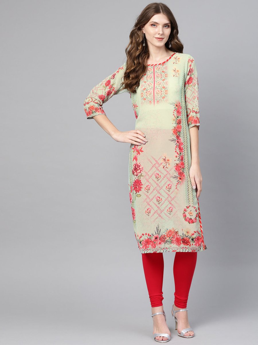 Ahalyaa Green & Coral Pink Floral Print Straight Kurta | Swadesiicart