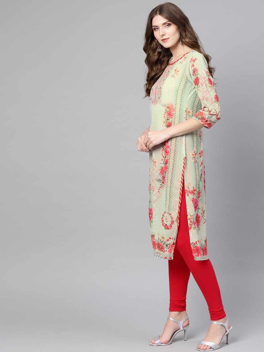 Ahalyaa Green & Coral Pink Floral Print Straight Kurta | Swadesiicart