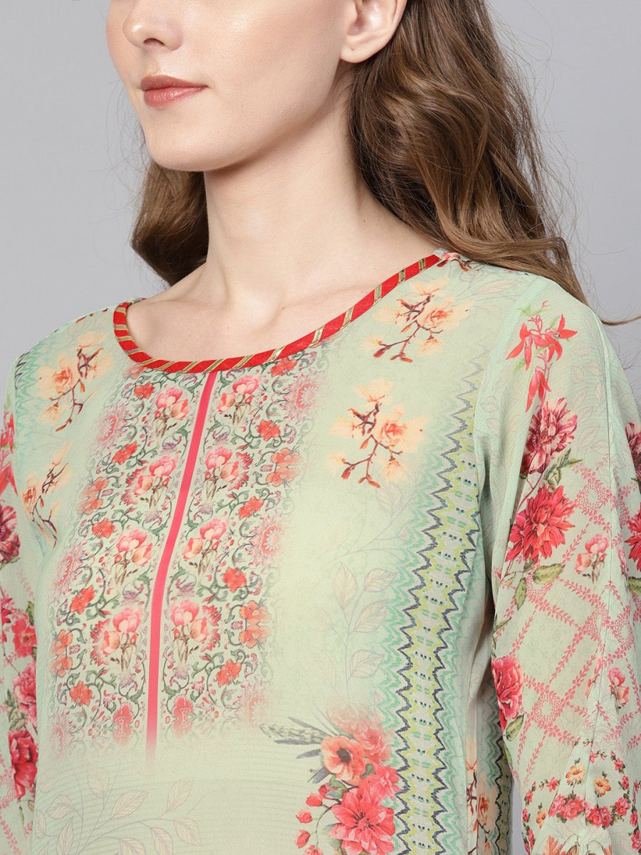 Ahalyaa Green & Coral Pink Floral Print Straight Kurta | Swadesiicart