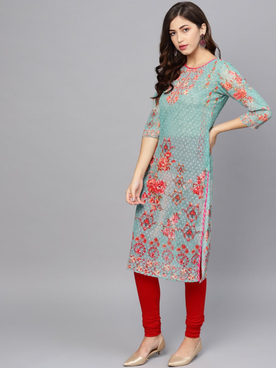 Ahalyaa Women Sea Green & Red Printed Straight Kurta | Swadesiicart
