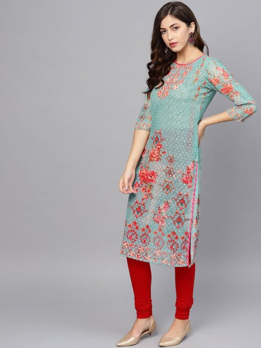 Ahalyaa Women Sea Green & Red Printed Straight Kurta | Swadesiicart