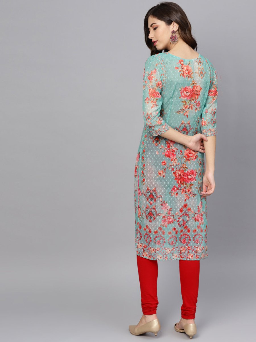 Ahalyaa Women Sea Green & Red Printed Straight Kurta | Swadesiicart