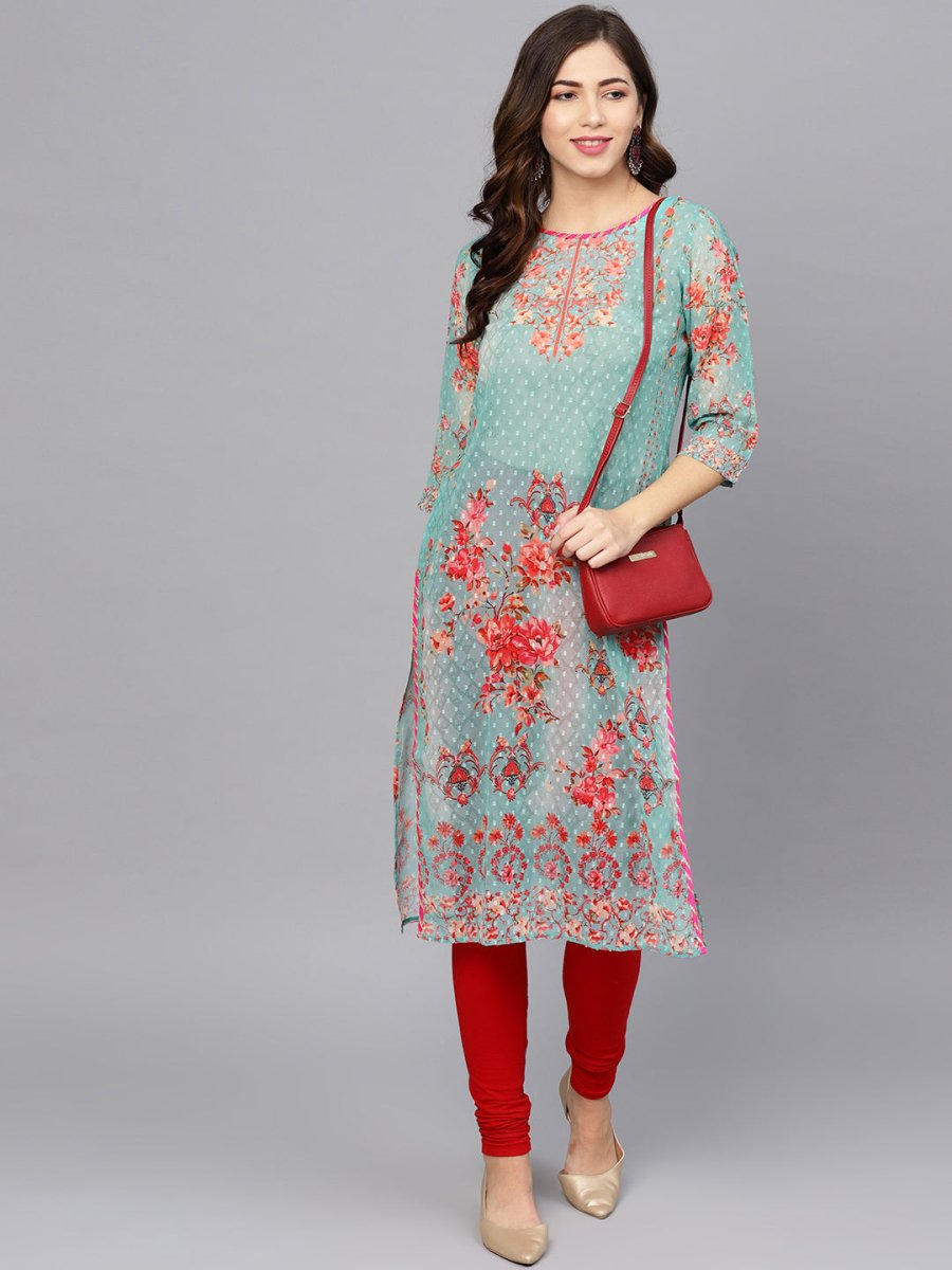 Ahalyaa Women Sea Green & Red Printed Straight Kurta | Swadesiicart