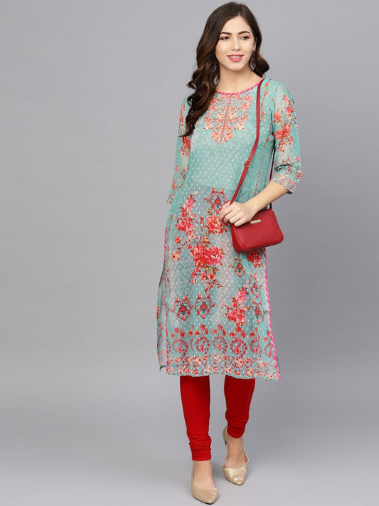Ahalyaa Women Sea Green & Red Printed Straight Kurta | Swadesiicart