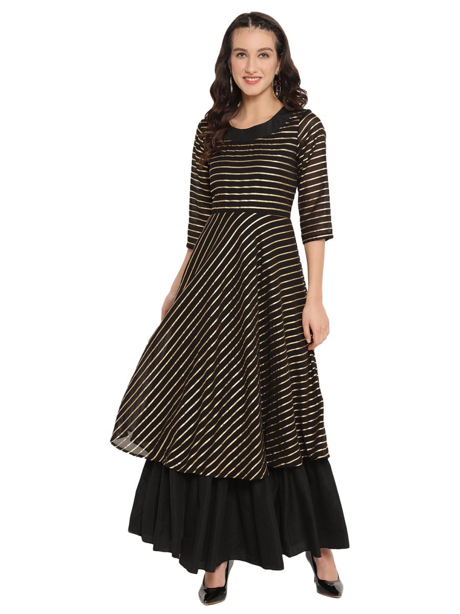 Ahalyaa Black & Golden Striped Layered Maxi Dress | Swadesiicart