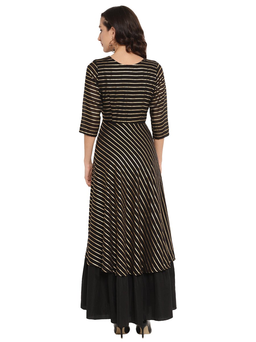 Ahalyaa Black & Golden Striped Layered Maxi Dress | Swadesiicart