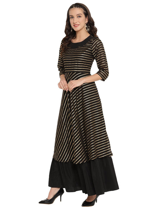 Ahalyaa Black & Golden Striped Layered Maxi Dress | Swadesiicart