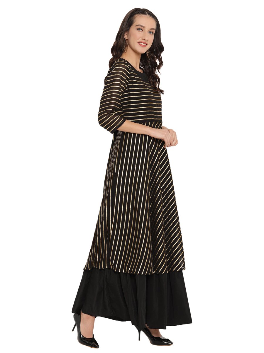 Ahalyaa Black & Golden Striped Layered Maxi Dress | Swadesiicart