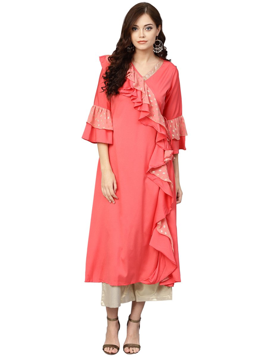 Ahalyaa Women Coral Pink Solid Ruffle Detail Angrakha Beautiful Kurta | Swadesiicart