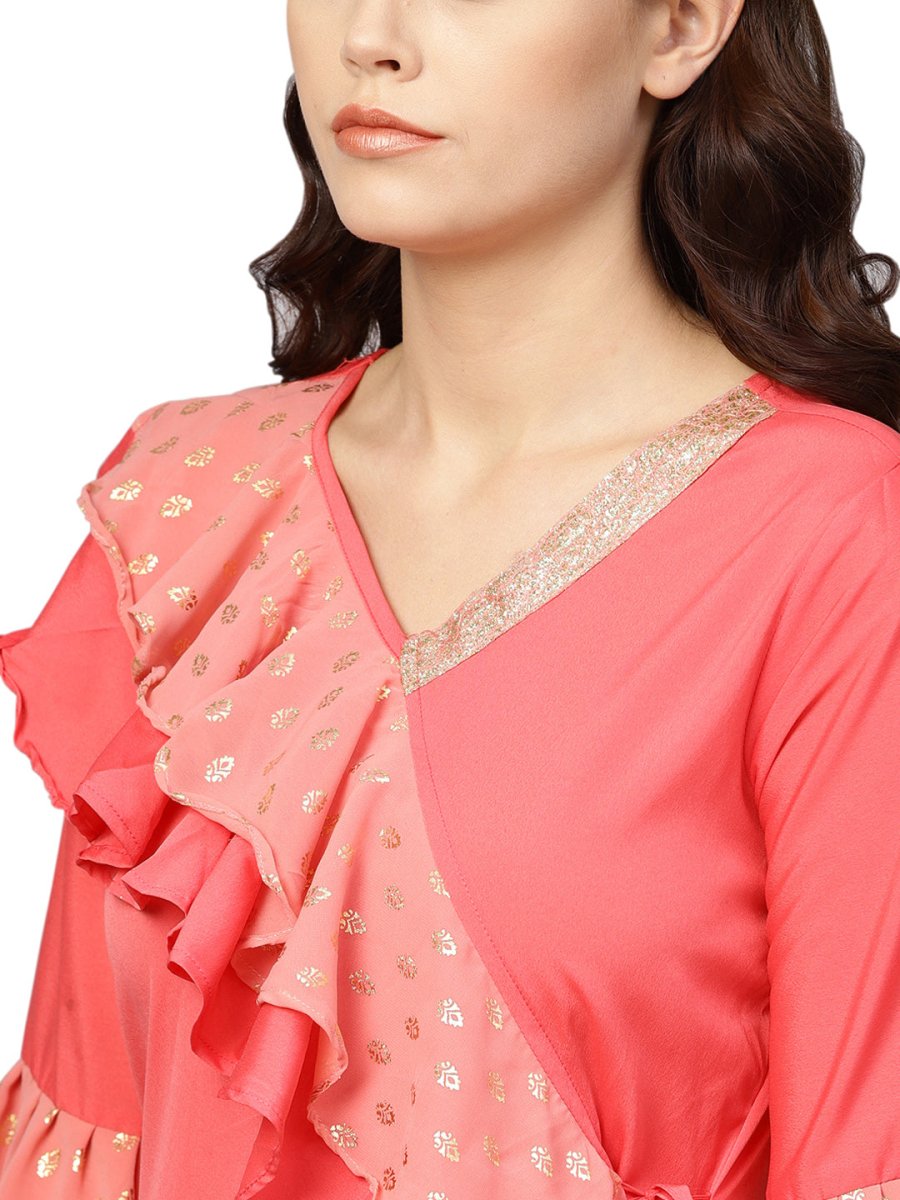 Ahalyaa Women Coral Pink Solid Ruffle Detail Angrakha Beautiful Kurta | Swadesiicart